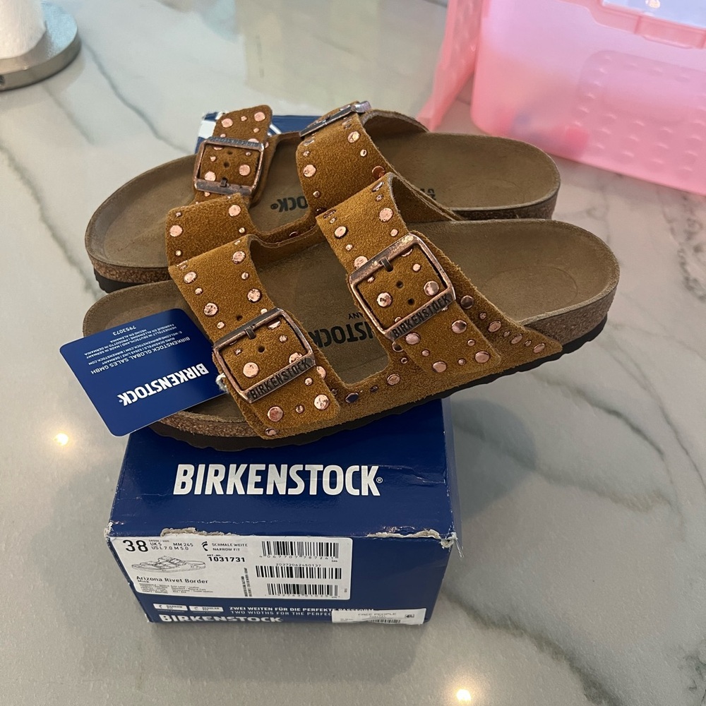 Birkenstock Arizona Studded Suede Sandals in Brown with Rose Gold Studs